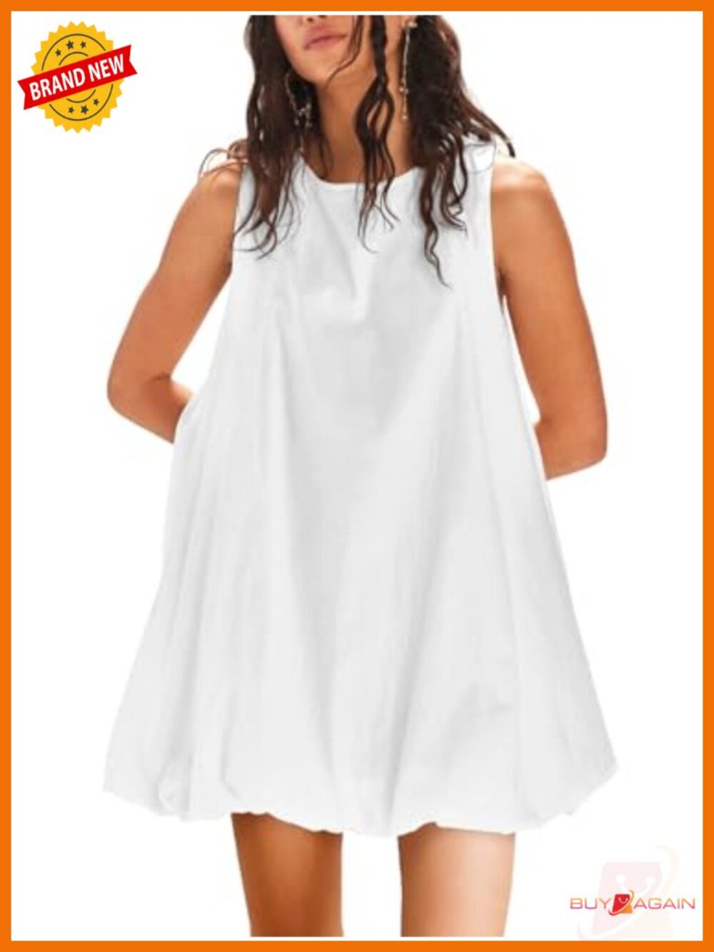 Linen Blend Sleeveless Crew Neck Mini Sundress with Pockets